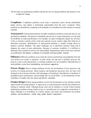 9
The first three are performance problem and the last two are design problems that requires a new
or improved design.
Compliance: Compliance problems occur when a structured system having standardized
inputs, process, and outputs is performing unacceptably from the user’s viewpoint. These
problems are identified by comparing with standards or by feedback from the internal or external
customer.
Unstructured: Unstructured problems resemble compliance problems except that they are not
specified by standards. The absence of standards may be due to system immaturity or to the need
for flexibility in system performance. For example, an expert woodpecker adjusts her activities
to the or moisture contents of the wood and customer service workers adapt their behavior to
individual customers. Identification of unstructured problems is usually brought about by
negative customer feedback. The major challenges are to determine customer needs and to
diagnose the causes of poor performance. Because of customer variability, it is difficult to
determine why a product or service was unacceptable. Organizations need to treat each customer
as an individual and maintain a database on acceptable and unacceptable behavior.
Efficiency:Efficiency problems occur when the system is performing unacceptability from the
view point of its owners or operators. In other words, the end user is satisfied; however, the
process is more costly than desired, or working conditions are not acceptable. Indentification of
such problems occurs from benchmarking and operator suggestions.
Process Design: Process design problems involve the development of new processes and
revision of existing processes. Many business and production processes have not been well
designed or have become obsolete with advantages of technology. Identification of problems is
prompted by poor performance, the knowledge that we can do better , or the introduction of new
of products. It requires that user needs and relevant constraints.
Product Design: Product design problems involve the development of new products and the
improvement of existing products. A major focus is to prevent process and the user problems by
relying on customer needs. Although design work can be initiated as a result of poor product
performance, problem solving usually occurs as a naturally part of a competitive environment. A
major challenge is to translating, in a timely manner, user needs and constraints into product
attributes and specifications, usually using quality function deployment.
 