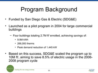 1111
Program Background
• Funded by San Diego Gas & Electric (SDG&E)
• Launched as a pilot program in 2004 for large commercial
buildings
– Four buildings totaling 2.7M ft2
enrolled, achieving savings of:
• 9.9M kWh
• 266,000 therms
• Peak demand reduction of 1,445 kW
• Based on this success, SDG&E scaled the program up to
10M ft2
, aiming to save 8.5% of electric usage in the 2006-
2008 program cycle
 