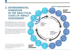 21
* This guide complements and extends the European
Commission’s Impact Assessment Guidelines (EC 2009)
by including ex-post IA and focussing on the
environmental dimension.
2.	Environmental
dimension
in the analytical
steps of impact
assessment
Figure 9. Impact assessment cycle
This guidebook explores how to address environ-
mental pressures and impacts in both ex-ante and
ex-post assessments*. Including both ex-ante and ex-
post perspectives allows for an integrated approach
to IA that considers the IA as a cyclical process.
Figure 9 presents the main analytical steps covered
in the guidebook emphasising the connections be-
tween ex-ante and ex-post assessments. In this ap-
proach, the IA is not a one-off exercise, but is part of
an ongoing process of policy learning.
STEP 8
Outline
monitoring and
evaluation
system
STEP 1
Indicate the
objectives of the
policy
intervention
STEP 1
Identify and
scope the
problem
STEP 8
Draw lessons
from IA and
evaluation
STEP 2
Revisit the
intervention
logic of the
intervention
STEP 7
Assess the
impact of policy
intervention
STEP 2
Develop
baseline
scenarios
STEP 6
Measure
probable
impacts of the
options
STEP 5
Map probable
impact
pathways of the
options
STEP 4
Develop policy
options
STEP 3
objectives of the
deﬁne the
policy
intervention
STEP 6
Measure
impacts of the
intervention
STEP 5
Map impact
pathways of the
intervention
STEP 4
Compare actual
developments
to the baseline
scenario
STEP 3
Re-sssess the
problem and
related
challenges
POSSIBLE
INTERACTIONS
BETWEEN
IA STEPS
FEEDBACK
LOOPS BETWEEN
EX ANTE AND
EX POST IA
STEP 7
Compare and
select the
preferred option
Ex-post
impact
assessment
Ex-ANTE
impact
assessment
 