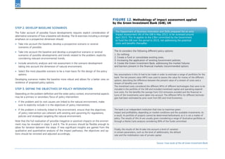 25
FIGURE 12. Methodology of impact assessment applied
by the Green Investment Bank (GIB), UK
The IA considers the following different policy options:
1. Do nothing;
2. Create a fund or consolidate existing ones;
3. Increasing the application of existing Government policies;
4. Create the Green Investment Bank, addressing the market failures
and barriers present in the financial markets (recommended option).
Key assumptions in this IA had to be made in order to estimate a range of portfolios for the
bank. The net present value (NPV) was used to assess the value for money of the different
options, describing the difference between the present value of a stream of costs and a
stream of benefits over time.
The monetised costs considered the different NPVs of different technologies that were to be
included in the portfolio of the GIB and included monetised capital and operating expendi-
ture costs. For the benefits the savings from CO2 emissions avoided and the financial re-
turns of the investments were taken into account. The different NPVs for different technolo-
gies had been estimated by prior work from BIS and Vivid Economics.
The bank is an independent institution that tries to maximise green
impact and profitability, depending on market conditions and the available investments. As
a result, its portfolio of projects cannot be determined beforehand, as it is not a matter of
policy. The results of this IA are usually given considering a range of illustrative portfolios or
through a Monte Carlo analysis considering 90% of the funds committed.
Finally, the results of the IA take into account a level of variation
in certain parameters, such as the level of additionality, the default
rate and the mobilisation rate of private capital.
The Department of Business Innovation and Skills prepared the ex-ante
Impact Assessment (IA) of the GIB in May 2012, to be reviewed around
April 2015. This IA applies to the £3bn committed by the Government
to fund the GIB over the period to 2015, not addressing the potential
costs and benefits thereafter.
Source: Case study of the UK Green Investment Bank
Step 2. Develop baseline scenarios
The fuller account of possible future developments requires explicit consideration of
alternative scenarios of how a baseline will develop. The IA exercises including a stronger
emphasis on a prospective dimension should:
•	 Take into account the baseline, develop a prospective scenario or several
scenarios of possible;
•	 Take into account the baseline and develop a prospective scenario or several
scenarios of possible developments and trends related to the problem, explicitly
concidering relevant environmental trends;
•	 Include sensitivity analysis and risk assessment in the scenario development
taking into account the dimension of natural environment;
•	 Select the most plausible scenario to be a main basis for the design of the policy
options.
Developing scenarios makes the baseline more robust and allows for a better view on
resilience of proposed policy options.
Step 3. Define the objectives of policy intervention
Depending on the problem definition and the wider policy context, environmental aspects
may be a primary or secondary focus of policy intervention:
•	 If the problem and its root causes are linked to the natural environment, make
sure to explicitly include it in the objectives of policy intervention;
•	 If the problem is indirectly linked to the environment, ensure that the objectives
of policy intervention are coherent with existing and upcoming EU regulations,
policies and strategies targeting the natural environment.
Note that the full realisation of possible (negative or positive) impacts on the environ-
ment may be revealed in steps 5 and 6. The IA process should be flexible enough to
allow for iteration between the steps. If new significant insights are gained from the
qualitative and quantitative analysis of the impact pathways, the objectives and op-
tions should be revisited and adjusted accordingly.
 