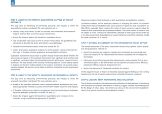 31
Step 8. Lessons from monitoring and evaluation
The IA should conclude on the robustness and usefulness of data gathered in monitoring
and evaluation of assessed intervention in order to suggest concrete recommendations
for the design of future policy interventions as well as on the environment-related indi-
cators to be used in monitoring and evaluation systems.
Step 5. Analyse the impacts: Qualitative mapping of impact
pathways
This step aims at identifying environmental pressures and impacts to which the
assessed intervention contributed. The main activities are to:
•	 Identify (direct and indirect as well as intended and unintended) environmental
impacts and how they occurred (causal mechanisms);
•	 Assess the impacts against the baseline in qualitative terms;
•	 Use visualisation tools (such as the IA canvas introduced by this guidebook) and
narratives to describe the direct and indirect causal pathways;
•	 Consider environmental impacts inside and outside the EU;
•	 Collect and analyse qualitative evidence to verify causality claims in the interven-
tion logic (if feasible combine qualitative and quantitative methods).
Qualitative assessment should allow to gather enough evidence to decide whether the
environmental impacts of the analysed intervention were significant and whether there
is significant uncertainty about environmental pressures and impacts caused by the in-
tervention. This step should screen existing monitoring data and involve leading experts
in analysis and decision-making. Based on the analysis and taking into account propor-
tionality principle, the decision can be taken to perform a dedicated ex-post quantitative
assessment.
Step 6. Analyse the impacts: Measuring environmental impacts
This step aims at measuring environmental pressures and impacts to which the
assessed intervention contributed. The main activities are to:
•	 Based on the identified pathways collect available internal and external data and
select appropriate methods to assess environment-related outcomes and impacts;
•	 If feasible, collect primary data to complement existing monitoring and evaluation
data (see examples presented in figure 14 and 15);
•	 Assess the impacts against the baseline in quantitative and monetary terms
(consider using counterfactual approaches if feasible).
Measuring impacts should be based on both quantitative and qualitative evidence.
Qualitative evidence will be especially relevant in analysing the nature of causation
mechanisms that contributed to wider socio-economic impacts. Ex-post assessments on
R&I effects, especially those involving the notion of socio-economic impacts, should be
based on both quantitative and qualitative evidence. The causal claims on impacts may
be subject to many caveats and uncertainties, although in most cases not as severe as
in ex-ante assessments. Assumptions on causal mechanisms (and their rationale) should
be made transparent in IA reports.
Step 7. Overall assessment of the implemented policy option
The overall assessment of the policy intervention should bring together various qualita-
tive and quantitative methods to:
•	 Assess the (positive and negative; intended and unintended) environmental pres-
sures and impacts of the implemented intervention compared with the objectives
and targets;
•	 Taking into account time lag and other determinants, assess whether further envi-
ronmental impacts of the intervention can be expected (including further diffusion,
substitution effects, rebound, displacement etc.);
•	 Assess the relevance of framework conditions for impacts.
At this stage the results of Steps 5-6 should be analysed against findings on the evolving
baseline and the role of various determinants, including framework conditions.
 