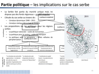 • La Serbie fait partie du marché unique mais ne
dispose pas des fonds régionaux – un défi singulier
• L’étude du cas serbe au travers de :
– L’analyse dynamique 1948 – 2011
– L’analyse statique découlant du modèle
• Les propositions sur les politiques pour les régions
serbes
– La politique nationale – coûts de transaction
– La politique pour le centre – coûts de transport
– La politique pour la périphérie – effets néfastes de
périphérisation
Partie politique – les implications sur le cas serbe
13
 