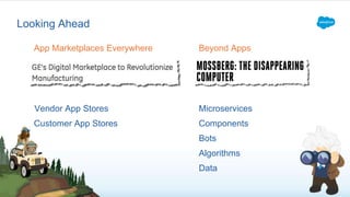 Looking Ahead
App Marketplaces Everywhere Beyond Apps
Microservices
Components
Bots
Algorithms
Data
Vendor App Stores
Customer App Stores
 