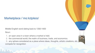 Marketplace /ˈmɑːkɪtpleɪs/
Middle English word dating back to 1350-1400
Noun:
1. an open area in a town where a market is held.
2. the commercial world; the realm of business, trade, and economics.
3. any sphere considered as a place where ideas, thoughts, artistic creations, etc.,
compete for recognition
 
