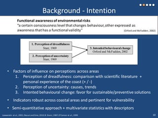 Background - Intention
1. Perceptionof dreadfulness
2. Perceptionof uncertainty
3. Intendedbehavioural changeStarr, 1969
Starr, 1969
Orford and McFadden, 2002
• Factors of influence on perceptions across areas
1. Perception of dreadfulness: comparison with scientific literature +
personal experience of the coast (+ / -)
2. Perception of uncertainty: causes, trends
3. Intented behavioural change: favor for sustainable/preventive solutions
• Indicators robust across coastal areas and pertinent for vulnerability
• Semi-quantitative approach + multivariate statistics with descriptors
Loewestein et al.,2001; Dessai and Sims,2010;B. Slovic,1987;O’Connor et al.,1999 10
Functional awareness of environmentalrisks
“a certain consciousness level that changes behaviour,other expressed as
awareness that has a functionalvalidity" (Orford and McFadden, 2002)
 