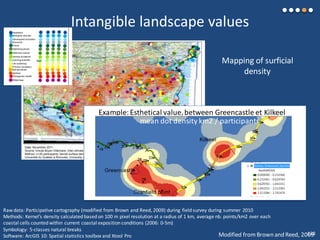 Intangible landscape values
Modified from Brown and Reed, 2009
Mapping of surficial
density
Raw data: Participative cartography (modified from Brown and Reed, 2009) during field survey during summer 2010
Methods: Kernel’s density calculated based on 100 m pixel resolution at a radius of 1 km, average nb. points/km2 over each
coastal cells counted within current coastal exposition conditions (2006: 0-5m)
Symbology: 5-classes natural breaks
Software: ArcGIS 10: Spatial statistics toolbox and Xtool Pro
Example:Esthetical value,between Greencastle et Kilkeel
mean dot density km2 / participants
138
 