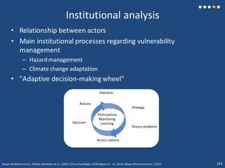 Institutional analysis
Intention
Strategy
Assess problems
Assess options
Decision
Actions
Participation
Monitoring
Learning
• Relationship between actors
• Main institutional processes regarding vulnerability
management
– Hazardmanagement
– Climate change adaptation
• "Adaptive decision-making wheel"
Boyer-Villemaireet al.,2014a;Hemmati et al.,2002; O’Faircheallaigh,2010;Boyer et al.,2014; Boyer-Villemaireet al.,2015. 141
 