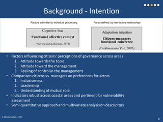 Background - Intention
Factors submitted to individual processing Factor defined by inter-actors relationships
Cognitive bias
Functional affective context
(Tversky and Kahneman, 1974)
Adaptation intention
Citizens-managers
functional coherence
(Grothman and Patt, 2005)
• Factors influencing citizens’ perceptionsof governance across areas
1. Attitude towards the topic
2. Attitude toward the management
3. Feeling of controlin the management
• Comparison citizens vs. managers on preferences for actors
1. Inclusiveness
2. Leadership
3. Understandingof mutual role
• Indicatorsrobust across coastal areasand pertinent for vulnerability
assessment
• Semi-quantitativeapproachand multivariateanalysison descriptors
2. Mitchell et al.,1997
17
 