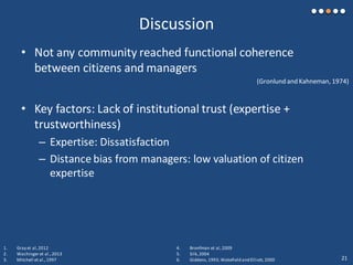 Discussion
• Not any community reached functional coherence
between citizens and managers
• Key factors: Lack of institutional trust (expertise +
trustworthiness)
– Expertise: Dissatisfaction
– Distance bias from managers: low valuation of citizen
expertise
1. Gray et al,2012
2. Wachinger et al.,2013
3. Mitchell et al.,1997
4. Bronfman et al,2009
5. Silk,2004
6. Giddens,1993; Wakefield and Elliott, 2000
(Gronlund and Kahneman, 1974)
21
 