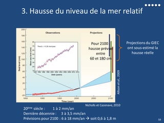 3. Hausse du niveau de la mer relatif
Allisonetal.,2009
Projectionsdu GIEC
ont sous-estimé la
hausse réelle
Pour 2100 :
hausse prévue
entre
60 et 180 cm
Nicholls et Cazenave, 2010
20ème siècle : 1 à 2 mm/an
Dernière décennie : 3 à 3,5 mm/an
Prévisions pour 2100 : 6 à 18 mm/an  soit 0,6 à 1,8 m 59
 