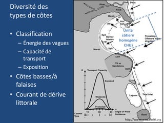 Diversité des
types de côtes
• Classification
– Énergie des vagues
– Capacité de
transport
– Exposition
• Côtes basses/à
falaises
• Courant de dérive
littorale
http://www.coastalwiki.org
Unité
côtière
homogène
CHU)
69
 