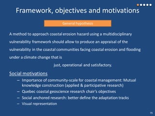 Framework, objectives and motivations
Social motivations
– Importance of community-scale for coastalmanagement: Mutual
knowledge construction (applied & participative research)
– Quebec coastal geoscience research chair’s objectives
– Social anchored research: better define the adaptation tracks
– Visual representation
General hypothesis
A method to approach coastalerosion hazard using a multidisciplinary
vulnerability framework should allow to produce an appraisal of the
vulnerability in the coastal communities facing coastal erosion and flooding
under a climate change that is
just, operational and satisfactory.
79
 