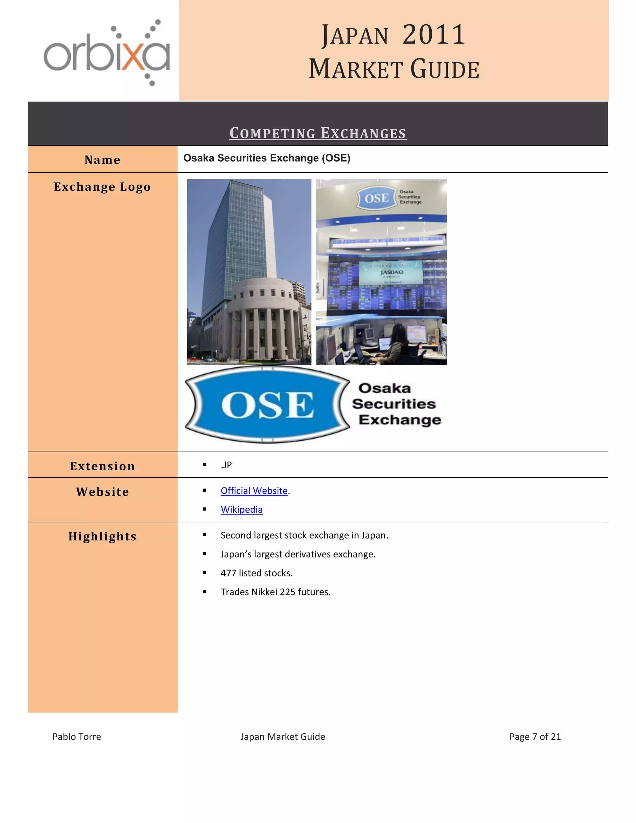 JAPAN 2011
MARKET GUIDE
Pablo Torre Japan Market Guide Page 7 of 21
COMPETING EXCHANGES
Name Osaka Securities Exchange (OSE)
Exchange Logo
Extension  .JP
Website  Official Website.
 Wikipedia
Highlights  Second largest stock exchange in Japan.
 Japan’s largest derivatives exchange.
 477 listed stocks.
 Trades Nikkei 225 futures.
 