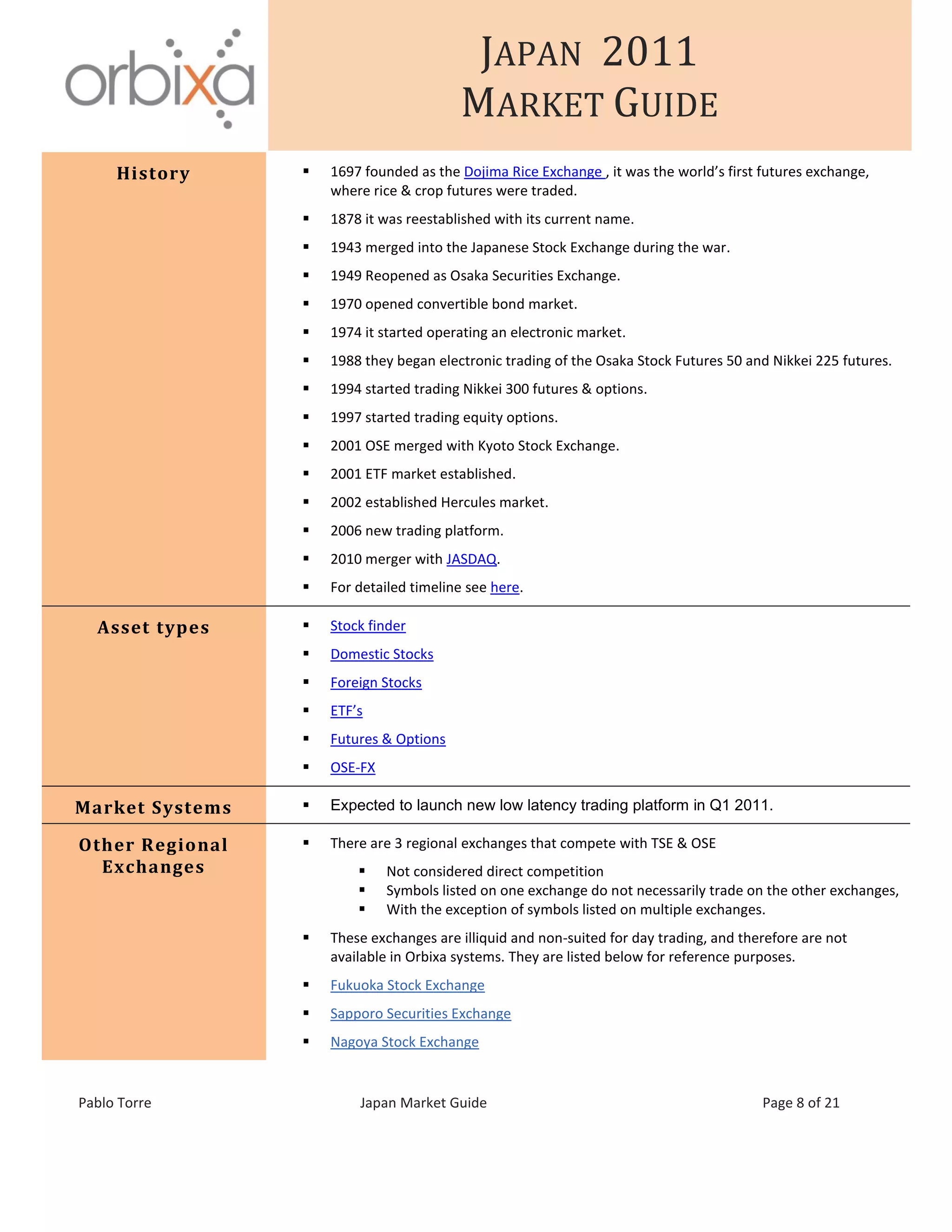 JAPAN 2011
MARKET GUIDE
Pablo Torre Japan Market Guide Page 8 of 21
History  1697 founded as the Dojima Rice Exchange , it was the world’s first futures exchange,
where rice & crop futures were traded.
 1878 it was reestablished with its current name.
 1943 merged into the Japanese Stock Exchange during the war.
 1949 Reopened as Osaka Securities Exchange.
 1970 opened convertible bond market.
 1974 it started operating an electronic market.
 1988 they began electronic trading of the Osaka Stock Futures 50 and Nikkei 225 futures.
 1994 started trading Nikkei 300 futures & options.
 1997 started trading equity options.
 2001 OSE merged with Kyoto Stock Exchange.
 2001 ETF market established.
 2002 established Hercules market.
 2006 new trading platform.
 2010 merger with JASDAQ.
 For detailed timeline see here.
Asset types  Stock finder
 Domestic Stocks
 Foreign Stocks
 ETF’s
 Futures & Options
 OSE-FX
Market Systems  Expected to launch new low latency trading platform in Q1 2011.
Other Regional
Exchanges
 There are 3 regional exchanges that compete with TSE & OSE
 Not considered direct competition
 Symbols listed on one exchange do not necessarily trade on the other exchanges,
 With the exception of symbols listed on multiple exchanges.
 These exchanges are illiquid and non-suited for day trading, and therefore are not
available in Orbixa systems. They are listed below for reference purposes.
 Fukuoka Stock Exchange
 Sapporo Securities Exchange
 Nagoya Stock Exchange
 
