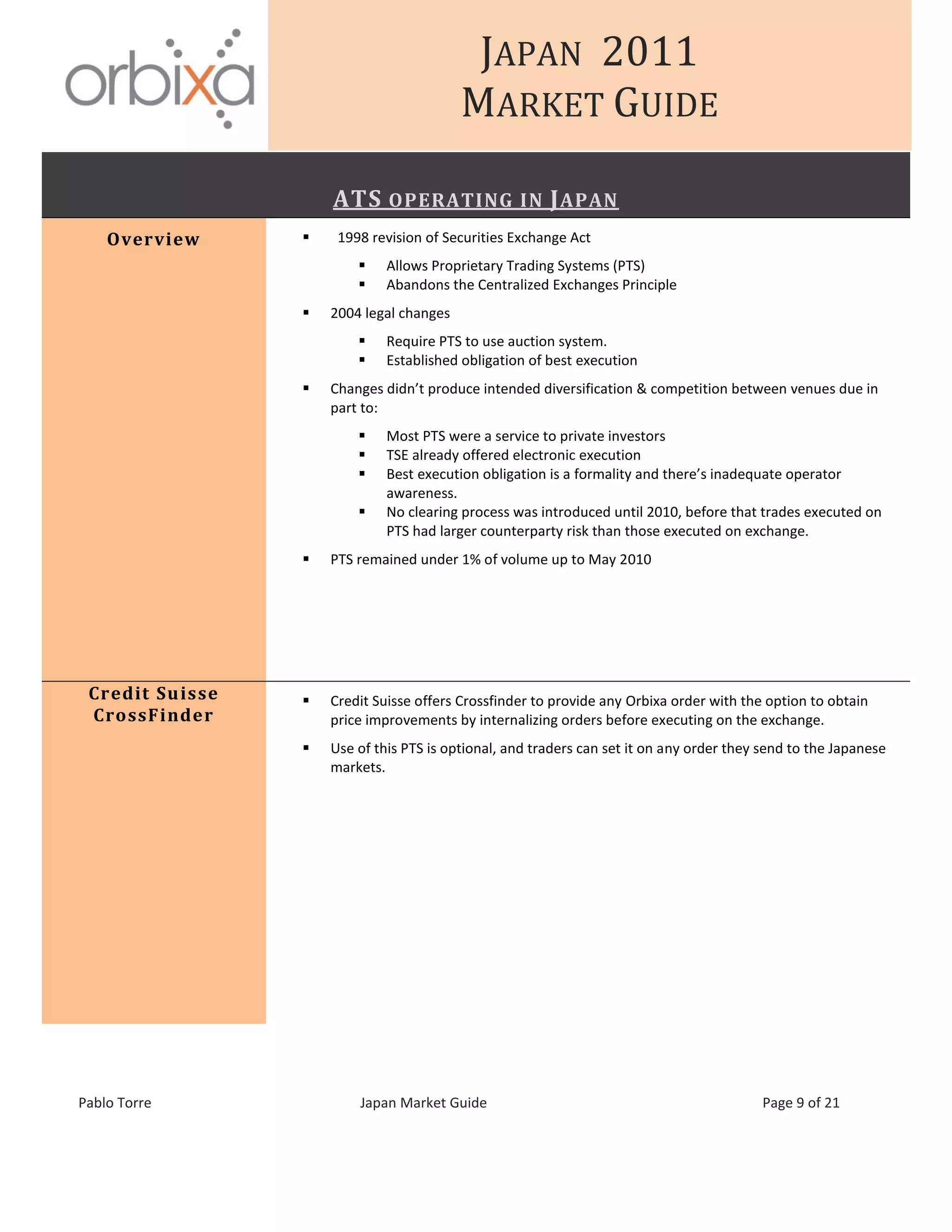 JAPAN 2011
MARKET GUIDE
Pablo Torre Japan Market Guide Page 9 of 21
ATS OPERATING IN JAPAN
Overview  1998 revision of Securities Exchange Act
 Allows Proprietary Trading Systems (PTS)
 Abandons the Centralized Exchanges Principle
 2004 legal changes
 Require PTS to use auction system.
 Established obligation of best execution
 Changes didn’t produce intended diversification & competition between venues due in
part to:
 Most PTS were a service to private investors
 TSE already offered electronic execution
 Best execution obligation is a formality and there’s inadequate operator
awareness.
 No clearing process was introduced until 2010, before that trades executed on
PTS had larger counterparty risk than those executed on exchange.
 PTS remained under 1% of volume up to May 2010
Credit Suisse
CrossFinder
 Credit Suisse offers Crossfinder to provide any Orbixa order with the option to obtain
price improvements by internalizing orders before executing on the exchange.
 Use of this PTS is optional, and traders can set it on any order they send to the Japanese
markets.
 