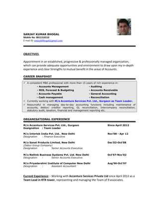 SANJAY KUMAR BHOGAL
Mobile No: 9811316510
E-mail ID: sanjaykbhogal@gmail.com
OBJECTIVES
Appointment in an established, progressive & professionally managed organization,
which can provide adequate opportunities and environment to draw upon my in-depth
experience and clear Strengths to mutual benefit in the areas of Accounts.
CAREER SNAPSHOT
 A competent MBA professional with more than 15 years of rich experience in:
- Accounts Management - Auditing
- MIS, Forecast & Budgeting - Accounts Receivable
- Accounts Payable - General Accounting
- Cash management - Reconciliation
 Currently working with M/s Accenture Services Pvt. Ltd., Gurgaon as Team Leader.
 Resourceful in managing day-to-day accounting functions including maintenance of
accounts, debtor/ creditor reporting, GL reconciliation, Intercompany reconciliation,
statutory audit, taxation, financial and management reporting etc.
ORGANISATIONAL EXPERIENCE
M/s Accenture Services Pvt. Ltd., Gurgaon Since April 2012
Designation : Team Leader
M/s Intertek India Pvt. Ltd., New Delhi Nov’08 - Apr 12
Designation : Finance Executive
M/s Sanat Products Limited, New Delhi Dec’02-Oct’08
(Dabur Group Company)
Designation : Senior Accounts Executive.
M/s Netlink Business Systems Pvt. Ltd. New Delhi Oct’97-Nov’02
Designation : Senior Accounts Executive.
M/s Priyadarshini Institute of Computer New Delhi Aug’96-Oct’97
Designation : Assistant Accountant
Current Experience: - Working with Accenture Services Private Ltd since April 2012 as a
Team Lead in RTR tower, representing and managing the Team of 9 associates.
 
