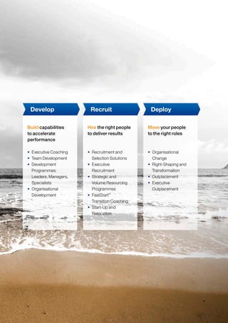 • Executive Coaching
• Team Development
• Development
Programmes:
Leaders, Managers,
Specialists
• Organisational
Development
• Recruitment and
Selection Solutions
• Executive
Recruitment
• Strategic and
Volume Resourcing
Programmes
• FastStart™
Transition Coaching
• Start-Up and
Relocation
• Organisational
Change
• Right-Shaping and
Transformation
• Outplacement
• Executive
Outplacement
Develop Recruit Deploy
Build capabilities
to accelerate
performance
Hire the right people
to deliver results
Move your people
to the right roles
 