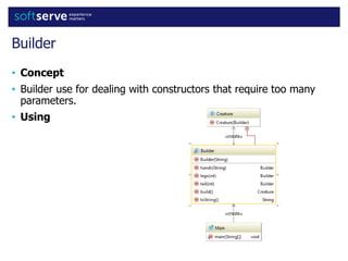 Builder
• Concept
• Builder use for dealing with constructors that require too many
parameters.
• Using
 