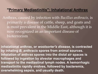 Anthrax, caused by infection with Bacillus anthracis, is
primarily a disease of cattle, sheep, and goats and
is most prevalent in the Middle East, although it is
now recognized as an important disease of
bioterrorism
inhalational anthrax, or woolsorter's disease, is contracted
by inhaling B. anthracis spores from animal sources.
Inhalation of anthrax spores into the distal air spaces is
followed by ingestion by alveolar macrophages and
transport to the mediastinal lymph nodes. A hemorrhagic
mediastinitis rapidly evolves, followed by bacteremia,
overwhelming sepsis, and usually death.
 