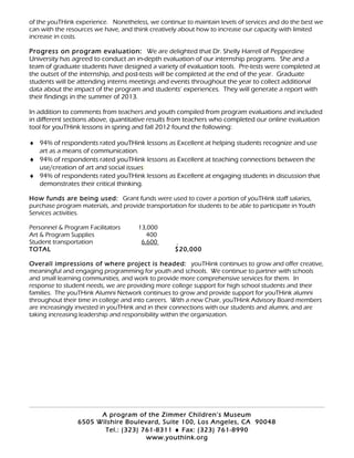 of the youTHink experience. Nonetheless, we continue to maintain levels of services and do the best we
can with the resources we have, and think creatively about how to increase our capacity with limited
increase in costs.
Progress on program evaluation: We are delighted that Dr. Shelly Harrell of Pepperdine
University has agreed to conduct an in-depth evaluation of our internship programs. She and a
team of graduate students have designed a variety of evaluation tools. Pre-tests were completed at
the outset of the internship, and post-tests will be completed at the end of the year. Graduate
students will be attending interns meetings and events throughout the year to collect additional
data about the impact of the program and students’ experiences. They will generate a report with
their findings in the summer of 2013.
In addition to comments from teachers and youth compiled from program evaluations and included
in different sections above, quantitative results from teachers who completed our online evaluation
tool for youTHink lessons in spring and fall 2012 found the following:
♦ 94% of respondents rated youTHink lessons as Excellent at helping students recognize and use
art as a means of communication.
♦ 94% of respondents rated youTHink lessons as Excellent at teaching connections between the
use/creation of art and social issues
♦ 94% of respondents rated youTHink lessons as Excellent at engaging students in discussion that
demonstrates their critical thinking.
How funds are being used: Grant funds were used to cover a portion of youTHink staff salaries,
purchase program materials, and provide transportation for students to be able to participate in Youth
Services activities.
Personnel & Program Facilitators 13,000
Art & Program Supplies 400
Student transportation 6,600
TOTAL $20,000
Overall impressions of where project is headed: youTHink continues to grow and offer creative,
meaningful and engaging programming for youth and schools. We continue to partner with schools
and small learning communities, and work to provide more comprehensive services for them. In
response to student needs, we are providing more college support for high school students and their
families. The youTHink Alumni Network continues to grow and provide support for youTHink alumni
throughout their time in college and into careers. With a new Chair, youTHink Advisory Board members
are increasingly invested in youTHink and in their connections with our students and alumni, and are
taking increasing leadership and responsibility within the organization.
A program of the Zimmer Children’s Museum
6505 Wilshire Boulevard, Suite 100, Los Angeles, CA 90048
Tel.: (323) 761-8311 ♦ Fax: (323) 761-8990
www.youthink.org
 