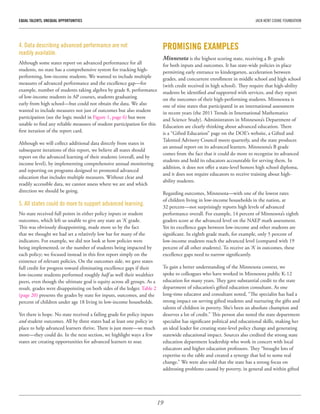 19
EQUAL TALENTS, UNEQUAL OPPORTUNITIES	 JACK KENT COOKE FOUNDATION
4. Data describing advanced performance are not
readily available.
Although some states report on advanced performance for all
students, no state has a comprehensive system for tracking high-
performing, low-income students. We wanted to include multiple
measures of advanced performance and the excellence gap—for
example, number of students taking algebra by grade 8, performance
of low-income students in AP courses, students graduating
early from high school—but could not obtain the data. We also
wanted to include measures not just of outcomes but also student
participation (see the logic model in Figure 1, page 6) but were
unable to find any reliable measures of student participation for this
first iteration of the report card.
Although we will collect additional data directly from states in
subsequent iterations of this report, we believe all states should
report on the advanced learning of their students (overall, and by
income level), by implementing comprehensive annual monitoring
and reporting on programs designed to promoted advanced
education that includes multiple measures. Without clear and
readily accessible data, we cannot assess where we are and which
direction we should be going.
5. All states could do more to support advanced learning.
No state received full points in either policy inputs or student
outcomes, which left us unable to give any state an ‘A’ grade.
This was obviously disappointing, made more so by the fact
that we thought we had set a relatively low bar for many of the
indicators. For example, we did not look at how policies were
being implemented, or the number of students being impacted by
each policy; we focused instead in this first report simply on the
existence of relevant policies. On the outcomes side, we gave states
full credit for progress toward eliminating excellence gaps if their
low-income students performed roughly half as well their wealthier
peers, even though the ultimate goal is equity across all groups. As a
result, grades were disappointing on both sides of the ledger. Table 2
(page 20) presents the grades by state for inputs, outcomes, and the
percent of children under age 18 living in low-income households.
Yet there is hope. No state received a failing grade for policy inputs
and student outcomes. All by three states had at least one policy in
place to help advanced learners thrive. There is just more—so much
more—they could do. In the next section, we highlight ways a few
states are creating opportunities for advanced learners to soar.
PROMISING EXAMPLES
Minnesota is the highest scoring state, receiving a B- grade
for both inputs and outcomes. It has state-wide policies in place
permitting early entrance to kindergarten, acceleration between
grades, and concurrent enrollment in middle school and high school
(with credit received in high school). They require that high-ability
students be identified and supported with services, and they report
on the outcomes of their high-performing students. Minnesota is
one of nine states that participated in an international assessment
in recent years (the 2011 Trends in International Mathematics
and Science Study). Administrators in Minnesota’s Department of
Education are clearly thinking about advanced education. There
is a “Gifted Education” page on the DOE’s website, a Gifted and
Talented Advisory Council meets quarterly, and the state produces
an annual report on its advanced learners. Minnesota’s B grade
comes from the fact that it could do more to recognize its advanced
students and hold its educators accountable for serving them. In
addition, it does not offer a state-level honors high school diploma,
and it does not require educators to receive training about high-
ability students.
Regarding outcomes, Minnesota—with one of the lowest rates
of children living in low-income households in the nation, at
32 percent—not surprisingly reports high levels of advanced
performance overall. For example, 14 percent of Minnesota’s eighth
graders score at the advanced level on the NAEP math assessment.
Yet its excellence gaps between low-income and other students are
significant. In eighth grade math, for example, only 5 percent of
low-income students reach the advanced level (compared with 19
percent of all other students). To receive an ‘A’ in outcomes, these
excellence gaps need to narrow significantly.
To gain a better understanding of the Minnesota context, we
spoke to colleagues who have worked in Minnesota public K-12
education for many years. They gave substantial credit to the state
department of education’s gifted education consultant. As one
long-time educator and consultant noted, “The specialist has had a
strong impact on serving gifted students and nurturing the gifts and
talents of children in poverty. She’s been an absolute champion and
deserves a lot of credit.” This person also noted the state department
specialist has significant political and educational skills, making her
an ideal leader for creating state-level policy change and generating
statewide educational impact. Sources also credited the strong state
education department leadership who work in concert with local
educators and higher education professors. They “brought lots of
expertise to the table and created a synergy that led to some real
change.” We were also told that the state has a strong focus on
addressing problems caused by poverty, in general and within gifted
 
