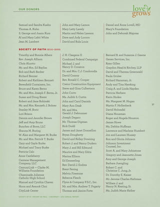 27
SOCIETY OF ST. VINCENT DE PAUL – CINCINNATI • 2012 ANNUAL REPORT
OUR DONORS
Samuel and Sandra Kuehn
Thomas A. Kuhn
S. George and Joann Kurz
Al and Mary Lahti White
Jean M. Lambert
John and Mary Larson
Mary Letty Lavely
Martin and Helen Lawson
Dave and Judy Lococo
David and Rula Louis
Daniel and Anne Lovell, MD
Macy’s Foundation
John and Deborah Majoras
SOCIETY OF FAITH ($500–$999)
Timothy and Bonnie Albers
Rev. Joseph Allison
Chris Aluotto
Mr. and Mrs. Ed Bayliss
Bob and Barb Becker
Richard Benner
Robert and Kathleen Bennett
Berenﬁeld Containers, Inc.
Bruce and Karen Berno
Mr. and Mrs. Joseph F. Berns, Jr.
Susan and Doug Bierer
Robert and Jane Bohinski
Mr. and Mrs. Kenneth J. Bohrer
Stanley M. Boric
Lori Brison
Dennis and Jennifer Brown
Jeff and Amy Bruns
Bunches of Bows, LLC
Shauna M. Buring
W. Alan and Margaret M. Burke
Mr. and Mrs. Patrick T. Burke
Gary and Gayle Burke
Michael and Tracy Burke
Patricia Calo
Anne Castleberry
Centene Management
Company, LLC
CenturyLink — Clarke M.
Williams Foundation
Chaminade Julienne
Catholic High School
Manuel and Cynthia Chavez
Hoon and Aesook Choi
CityLink Center
J. H. Clasgens II
Combined Federal Campaign
Michael J. and
Nancy D. Conaton
Dr. and Mrs. C.J. Condorodis
David Conroy
Rev. Ronald C. Cooper
Cretor Construction Equipment
Steve and Gina Culbertson
John Curro
Ms. Judith S. Curtin
John and Carol Daniels
Mary Ann Deak
Mr. and Mrs.
Gerald J. Debrunner
Joseph Degaro
Mr. Thomas Digman
Rick Dodd
James and Janet Donnellon
Bryan Dougherty
David and Kelley Downing
Robert J. and Nancy Dudero
Mary J. and Bill Edmund
Maurice and Mary Edris
Marina Ellison
Ed Emmerling
Rev. David J. Endres
Brent Fening
Melvin Firestone
Rebecca Flesch
Flynn & Company P.S.C., Inc.
Mr. and Mrs. Andrew T. Fogarty
Thomas and Janice Forte
Bernard B. and Suzanne J. Gawne
Genex Services, Inc.
Ryan Gillen
Graydon Head & Ritchey, LLP
David and Theresa Greenwald
Paula Grulee
Richard Hansman, Jr.
Andy and Tina Hawking
Craig A. and Linda Hayden
Patricia Herbers
Karin Hoden
Ms. Margaret M. Hogan
Martin F. Hollenbeck
David Holwadel
Diana Housman
Roger and Angela Houston
James Howe
Ms. Debbie Huffman
Lawrence and Marlene Humbert
Jon and Laureen Hussey
Ron and Gloria Johnson
Johnson Investment
Counsel, Inc.
Scott A. and Mary Johnstone
Gregory and Jeannette Jones
Amy and George Joseph
Barbara Juengling
Robert C. and
Christine C. Jung, Jr.
Dr. Dorothy E. Kaiser
Mr. Jerome Charles Kathman
William J. and
Nancy N. Keating, Sr.
Ms. Judith Marie Keiber
 