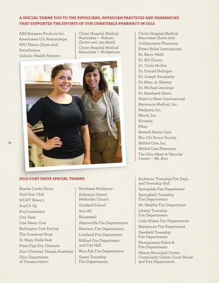 36
A SPECIAL THANK YOU TO THE PHYSICIANS, PHYSICIAN PRACTICES AND PHARMACIES
THAT SUPPORTED THE EFFORTS OF OUR CHARITABLE PHARMACY IN 2012:
ABS Business Products Inc.
Americares U.S. Partnerships
APC Mason (Suite 200)
AstraZeneca
Catholic Health Partners
Christ Hospital Medical
Associates — Auburn
(Suites 440, 334 &520)
Christ Hospital Medical
Associates — Bridgetown
Christ Hospital Medical
Associates (Suite 200)
Collaborative Pharmacy
Direct Relief International
Dr. Barry Webb
Dr. Bill Gluntz
Dr. Chole Mullen
Dr. Donald Nofziger
Dr. Joseph Daugherty
Dr. Mary Jo Slattery
Dr. Michael Jennings
Dr. Raasheed Ghani
Heart to Heart International
Keysource Medical, Inc.
Medpace, Inc.
Merck, Inc.
Novartis
Pﬁzer
Remedi Senior Care
Rho Chi Honor Society
Skilled Care, Inc.
Skilled Care Pharmacy
The Ohio Heart & Vascular
Center — Mt. Airy
2012 COAT DRIVE SPECIAL THANKS
Kemba Credit Union
Gold Star Chili
WLWT News 5
Scarf It Up
Poul Lemasters
City Dash
One Warm Coat
Burlington Coat Factory
The Container Store
St. Mary, Hyde Park
Press-Tige Dry Cleaners
Zion Christian Temple Academy
Ohio Department
of Transportation
Northeast Pediatrics
Addyston United
Methodist Church
Goddard School
Stor-All
Rhinestahl
Sharonville Fire Departments
Harrison Fire Departments
Loveland Fire Department
Milford Fire Department
and City Hall
Blue Ash Fire Departments
Green Township
Fire Departments
Anderson Township Fire Dept.
and Township Hall
Springdale Fire Department
Springﬁeld Township
Fire Departments
Mt. Healthy Fire Department
Liberty Township
Fire Departments
Little Miami Fire Departments
Mariemont Fire Department
Deerﬁeld Township
Fire Departments
Montgomery Police &
Fire Departments
Mason Municipal Center,
Community Center, Court House
and Fire Departments
 