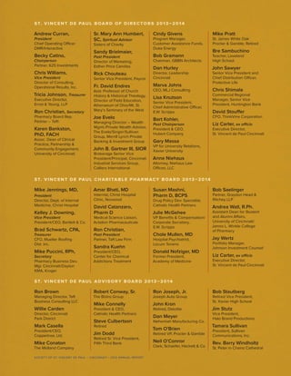 SOCIETY OF ST. VINCENT DE PAUL – CINCINNATI • 2012 ANNUAL REPORT
ST. VINCENT DE PAUL BOARD OF DIRECTORS 2013–2014
Andrew Curran,
President
Chief Operating Officer
DMR/Interactive
Becky Catino,
Chairperson
Partner, 625 Investments
Chris Williams,
Vice President
Director of Consulting,
Operational Results, Inc.
Tricia Johnson, Treasurer
Executive Director,
Ernst & Young, LLP
Ron Christian, Secretary
Pharmacy Board Rep.
Partner – Taft
Karen Bankston,
PhD, FACH
Assoc. Dean of Clinical
Practice, Partnership &
Community Engagement,
University of Cincinnati
Sr. Mary Ann Humbert,
SC, Spiritual Advisor
Sisters of Charity
Sandy Brielmaier,
Past President
Director of Marketing,
Esther Price Candies
Rick Chouteau
Senior Vice President, Paycor
Fr. David Endres
Asst. Professor of Church
History & Historical Theology,
Director of Field Education,
Athenaeum of Ohio/Mt. St.
Mary’s Seminary of the West
Joe Evelo
Managing Director – Wealth
Mgmt./Private Wealth Advisor,
The Evelo/Singer/Sullivan
Group, Merrill Lynch Private
Banking & Investment Group
John B. Gartner III, SIOR
Brokerage Senior Vice
President/Principal, Cincinnati
Industrial Services Group,
Colliers International
Cindy Givens
Program Manager,
Customer Assistance Funds,
Duke Energy
Bob Gramann
Chairman, GBBN Architects
Dan Hurley
Director, Leadership
Cincinnati
Marva Johns
CEO, MLJ Consulting
Lisa Knutson
Senior Vice President,
Chief Administrative Officer,
E.W. Scripps
Bart Kohler,
Past Chairperson
President & CEO,
Hubert Company
Gary Massa
VP for University Relations,
Xavier University
Anne Niehaus
Attorney, Niehaus Law
Offices, LLC
Mike Pratt
St. James White Oak
Procter & Gamble, Retired
Bre Sambuchino
Teacher, Loveland
High School
John Sawyer
Senior Vice President and
Chief Distribution Officer,
Protective Life
Chris Shimala
Commercial Regional
Manager, Senior Vice
President, Huntington Bank
David Stouffer
CFO, ThinkVine Corporation
Liz Carter, ex officio
Executive Director,
St. Vincent de Paul Cincinnati
ST. VINCENT DE PAUL CHARITABLE PHARMACY BOARD 2013–2014
Mike Jennings, MD,
President
Director, Dept. of Internal
Medicine, Christ Hospital
Kelley J. Downing,
Vice President
President/CEO, Bartlett & Co.
Brad Schwartz, CPA,
Treasurer
CFO, Mueller Rooﬁng
Dist. Inc.
Mike Puccini, RPh,
Secretary
Pharmacy Business Dev.
Mgr. Cincinnati/Dayton
KMA, Kroger
Amar Bhati, MD
Internist, Christ Hospital
Clinic, Norwood
David Catanzaro,
Pharm D
Medical Science Liaison,
Actelion Pharmaceuticals
Ron Christian,
Past President
Partner, Taft Law Firm
Sandra Kuehn
President/CEO,
Center for Chemical
Addictions Treatment
Susan Mashni,
Pharm D, BCPS
Drug Policy Dev. Specialist,
Catholic Health Partners
Julie McGehee
VP Beneﬁts & Compensation/
Corporate Secretary,
E.W. Scripps
Chole Mullen, MD
Hospital Psychiatrist,
Locum Tenens
Donald Nofziger, MD
Former President,
Academy of Medicine
Bob Saelinger
Partner, Graydon Head &
Ritchey LLP
Andrea Wall, R.Ph.
Assistant Dean for Student
and Alumni Affairs,
University of Cincinnati/
James L. Winkle College
of Pharmacy
Jay Wertz
Portfolio Manager,
Johnson Investment Counsel
Liz Carter, ex officio
Executive Director,
St. Vincent de Paul Cincinnati
ST. VINCENT DE PAUL ADVISORY BOARD 2013–2014
Ron Brown
Managing Director, Taft
Business Consulting LLC
Willie Carden
Director, Cincinnati
Park District
Mark Casella
President/CEO,
Coppertree, Ltd.
Mike Conaton
The Midland Company
Robert Conway, Sr.
The Bistro Group
Mike Connelly
President & CEO,
Catholic Health Partners
Steve Culbertson
Retired
Jim Dodd
Retired Sr. Vice President,
Fifth Third Bank
Ron Joseph, Jr.
Joseph Auto Group
John Kron
Retired, Deloitte
Dan Meyer
Nehemiah Manufacturing Co.
Tom O’Brien
Retired VP, Procter & Gamble
Neil O’Connor
Clark, Schaefer, Hackett & Co
Bob Stautberg
Retired Vice President,
St. Xavier High School
Jim Stutz
Vice President,
Halo Brand Productions
Tamara Sullivan
President, Sullivan
Communications, Inc.
Rev. Barry Windholtz
St. Peter in Chains Cathedral
 