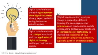 Digital transformation
closes the gap between
what digital customers
already expect and what
analog businesses
actually deliver.
“
Digital transformation is
the changes associated
with the application of
digital technology
in all aspects of human
society,
“
[Digital transformation] involves a
change in leadership, different
thinking, the encouragement of
innovation and new business models,
incorporating digitisation of assets and
an increased use of technology to
improve the experience of your
organisation’s employees, customers,
suppliers, partners and stakeholders.
“
Source : https://enterprisersproject.com/
 