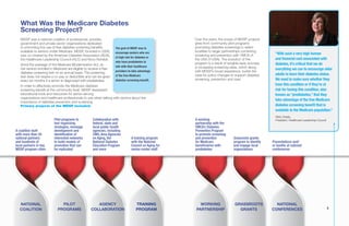 33
What Was the Medicare Diabetes
Screening Project?
MDSP was a national coalition of professional, provider,
government and private sector organizations dedicated
to promoting the use of free diabetes screening benefits
available to seniors under Medicare. MDSP, founded in 2006,
was co-chaired by the American Diabetes Association (ADA),
the Healthcare Leadership Council (HLC) and Novo Nordisk.
Since the passage of the Medicare Modernization Act, at-
risk seniors enrolled in Medicare are eligible to receive a free
diabetes screening test on an annual basis. The screening
test does not require a co-pay or deductible and can be given
every six months if a senior is diagnosed with prediabetes.
In order to effectively promote the Medicare diabetes
screening benefit at the community level, MDSP developed
educational tools and resources for senior-serving
organizations and healthcare professionals to use when talking with seniors about the
importance of diabetes prevention and screening.
Primary projects of the MDSP included:
Over the years, the scope of MDSP projects
grew from community pilot programs
promoting diabetes screenings in select
localities to larger partnerships combining
screening and prevention with YMCA of
the USA (Y-USA). The evolution of the
program is a result of tangible early success
in increasing screening rates, which along
with MDSP’s broad experience, builds the
case for policy changes to support diabetes
screening, prevention and care.
“With such a very high human
and financial cost associated with
diabetes, it’s critical that we do
everything we can to encourage older
adults to learn their diabetes status.
We need to make sure whether they
have this condition or if they’re at
risk for having this condition, also
known as “prediabetes,” that they
take advantage of the free Medicare
diabetes screening benefit that is
available to the Medicare population.”
Mary Grealy,
President, Healthcare Leadership Council
NATIONAL
COALITION
A coalition built
with more than 20
national partners
and hundreds of
local partners in key
MDSP program cities
AGENCY
COLLABORATION
Collaboration with
federal, state and
local public health
agencies, including
CMS, Area Agencies
on Aging, the
National Diabetes
Education Program
and more
PILOT
PROGRAMS
Pilot programs to
test organizing
strategies, message
development and
identification of
interested networks
to build models of
promotion that can
be replicated
NATIONAL
CONFERENCES
Presentations and/
or booths at national
conferences
WORKING
PARTNERSHIP
A working
partnership with the
YMCA’s Diabetes
Prevention Program
to promote screening
and prevention
for Medicare
beneficiaries with
prediabetes
GRASSROOTS
GRANTS
Grassroots grants
program to identify
and engage local
organizations
TRAINING
PROGRAM
A training program
with the National
Council on Aging for
senior-center staff
The goal of MDSP was to
encourage seniors who are
at high risk for diabetes or
who have prediabetes to
talk with their healthcare
providers to take advantage
of the free Medicare
diabetes screening benefit.
 