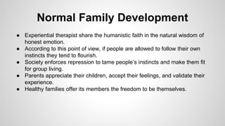 Normal Family Development
● Experiential therapist share the humanistic faith in the natural wisdom of
honest emotion.
● According to this point of view, if people are allowed to follow their own
instincts they tend to flourish.
● Society enforces repression to tame people’s instincts and make them fit
for group living.
● Parents appreciate their children, accept their feelings, and validate their
experience.
● Healthy families offer its members the freedom to be themselves.
 