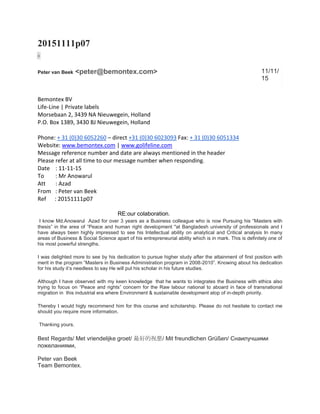 Letter of reference for Mr.Azad from Peter Van Beek -The Netherlands | PDF