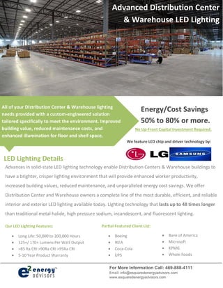 Energy/Cost Savings
50% to 80% or more.
No Up-Front Capital Investment Required.
We feature LED chip and driver technology by:
All of your Distribution Center & Warehouse lighting
needs provided with a custom-engineered solution
tailored specifically to meet the environment. Improved
building value, reduced maintenance costs, and
enhanced illumination for floor and shelf space.
LED Lighting Details
Advanced Distribution Center
& Warehouse LED Lighting
Advances in solid-state LED lighting technology enable Distribution Centers & Warehouse buildings to
have a brighter, crisper lighting environment that will provide enhanced worker productivity,
increased building values, reduced maintenance, and unparalleled energy cost savings. We offer
Distribution Center and Warehouse owners a complete line of the most durable, efficient, and reliable
interior and exterior LED lighting available today. Lighting technology that lasts up to 48 times longer
than traditional metal halide, high pressure sodium, incandescent, and fluorescent lighting.
Our LED Lighting Features:
 Long Life: 50,000 to 200,000 Hours
 125+/ 170+ Lumens Per Watt Output
 >85 Ra CRI >90Ra CRI >95Ra CRI
 5-10 Year Product Warranty
Partial Featured Client List:
 Boeing
 IKEA
 Coca-Cola
 UPS
 Bank of America
 Microsoft
 KPMG
 Whole Foods
For More Information Call: 469-888-4111
Email: info@esquaredenergyadvisors.com
www.esquaredenergyadvisors.com
 