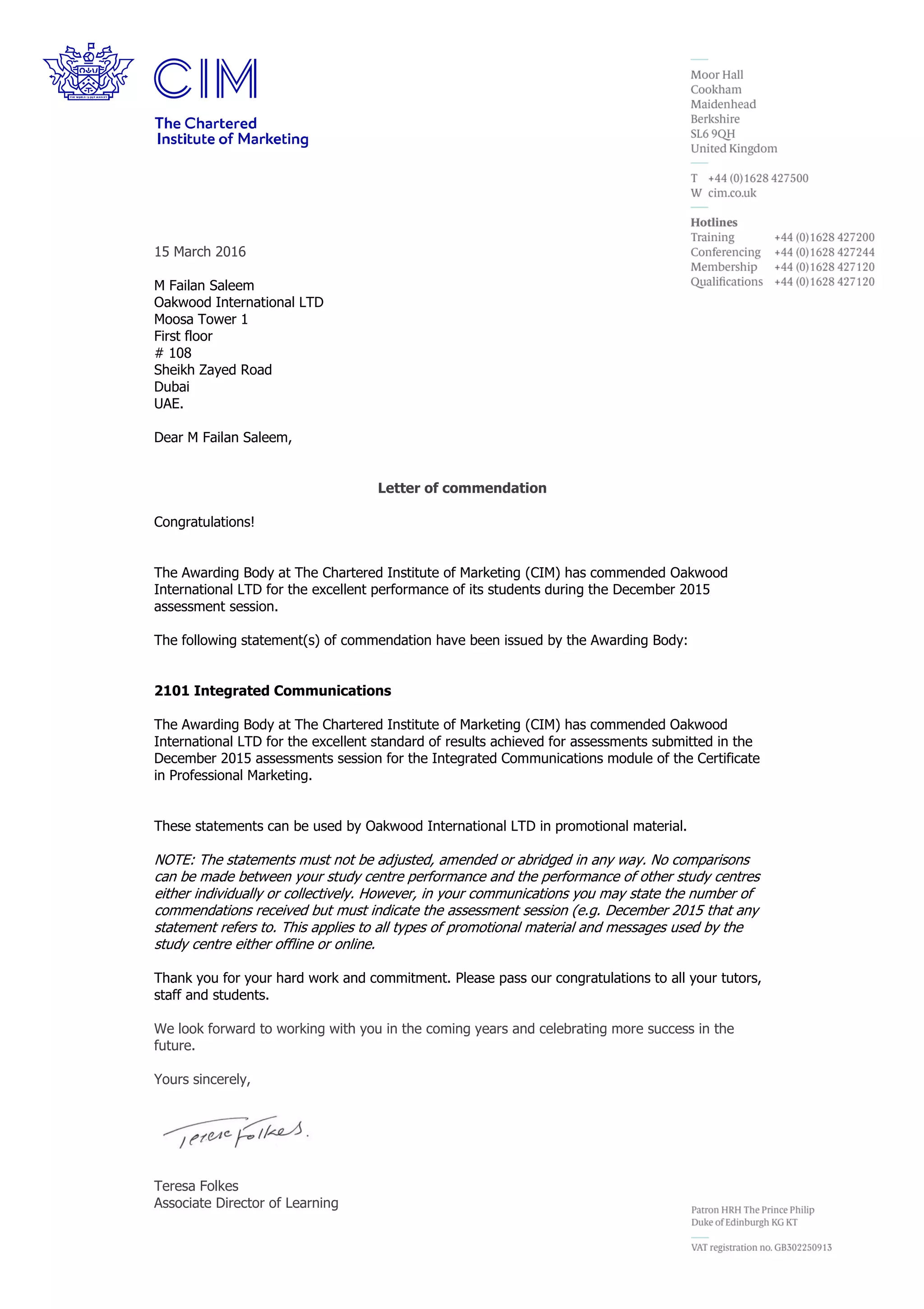 Oakwood International LTD Commendation Letter | PDF