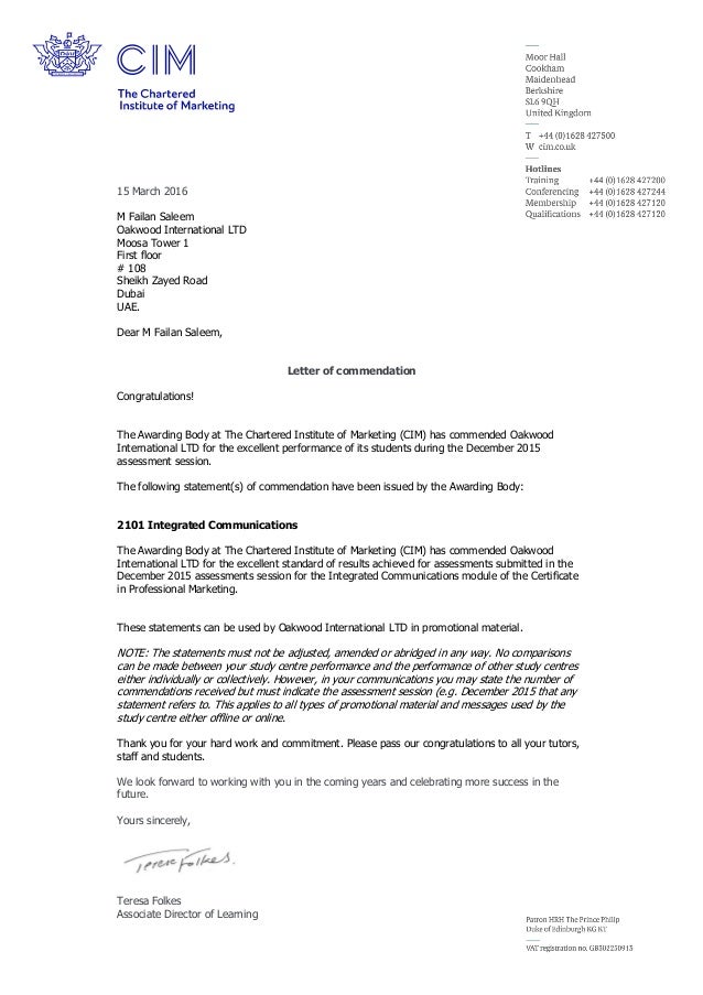 letters of commendation samples