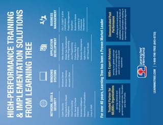 HIGH-PERFORMANCETRAINING
&IMPLEMENTATIONSOLUTIONS
FROMLEARNINGTREE
LEARNINGTREE.COM1-800-THE-TREE(843-8733)
TrustedPartnerfor
60,000+Organizations
servingnationaland
multinationalcorporations;
governmentagencies;Education
andNon-Profits
600+ExpertAdvisors
servingourglobalcustomer
footprintandaveraging20+
yearsofdiversereal-world
experience
DemonstratedPast
Performance
inofferingend-to-endproven
capabilitiestoprovideallfacetsof
WorkforceOptimizationresultingin
improvedorganizationalalignment
Forover40years,LearningTreehasbeenaProvenMarketLeader
OptimizingITWorkforcePerformance
NETWORK,DATA&
SECURITY
CyberSecurity
BigData/Activity-Based
Intelligence
CloudComputing
SQLServer&Oracle
Databases
BusinessIntelligence
Networking&Virtualization
Cisco
Linux&UNIX
WINDOWS
SYSTEMS
WindowsServer
WindowsDesktop
MicrosoftOffice
APPLICATION
DEVELOPMENT
WebDevelopment
MobileAppDevelopment
&MacProgramming
JavaProgramming
Python,Perl&C++
Programming
SoftwareDevelopment
Agile&Scrum
.NET/VisualStudio
BUSINESS
MANAGEMENT
ITIL®
,COBIT ®
&SFIA
Certifications
ProjectManagement
SharePoint
BusinessAnalysis
Leadership&
Professional
Development
 