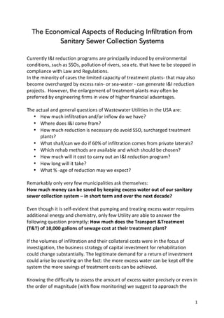 1	
The Economical Aspects of Reducing Infiltration from
Sanitary Sewer Collection Systems
Currently	I&I	reduction	programs...