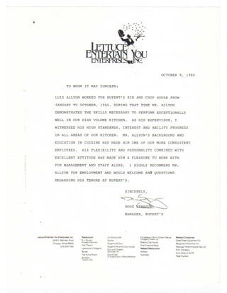 Ruperts Rib and Chop House recommendation letter