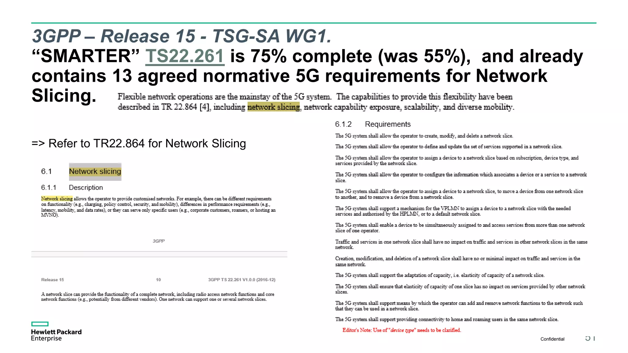 3GPP – Release 15 - TSG-SA WG1.
“SMARTER” TS22.261 is 75% complete (was 55%), and already
contains 13 agreed normative 5G requirements for Network
Slicing.
Confidential 51
=> Refer to TR22.864 for Network Slicing
 