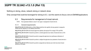 3GPP TR 32.842 v13.1.0 (Rel 13)
Confidential 45
Nothing on slicing, slices, network slicing or network slices
Only concept that could be leveraged for slicing is 6.3 , but this seems to focus a lot on EM/NM/applications
 