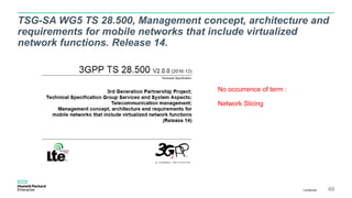 TSG-SA WG5 TS 28.500, Management concept, architecture and
requirements for mobile networks that include virtualized
network functions. Release 14.
Confidential 49
No occurrence of term :
Network Slicing
 