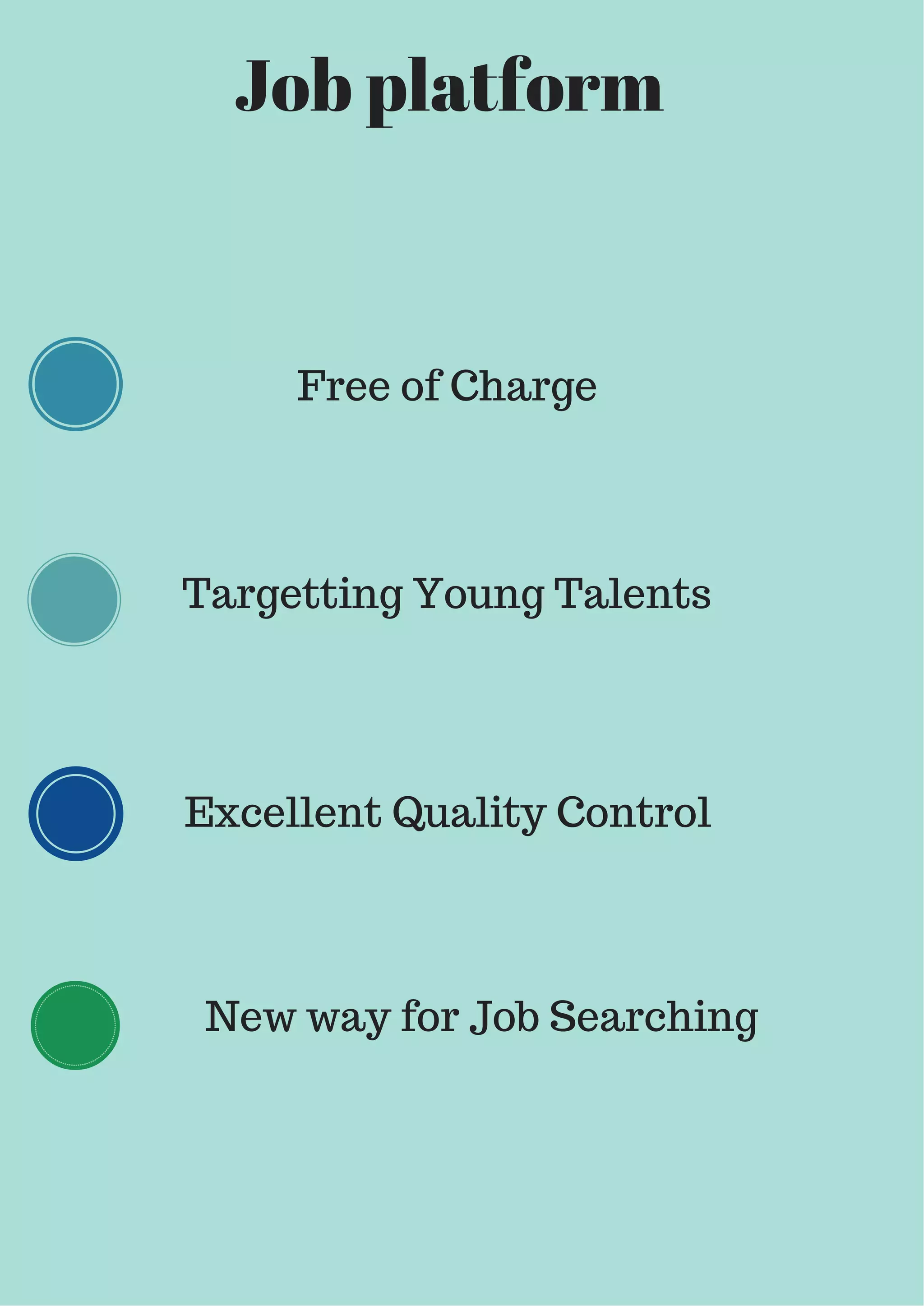 Job platform
Targetting Young Talents
Free of Charge
Excellent Quality Control
New way for Job Searching
 