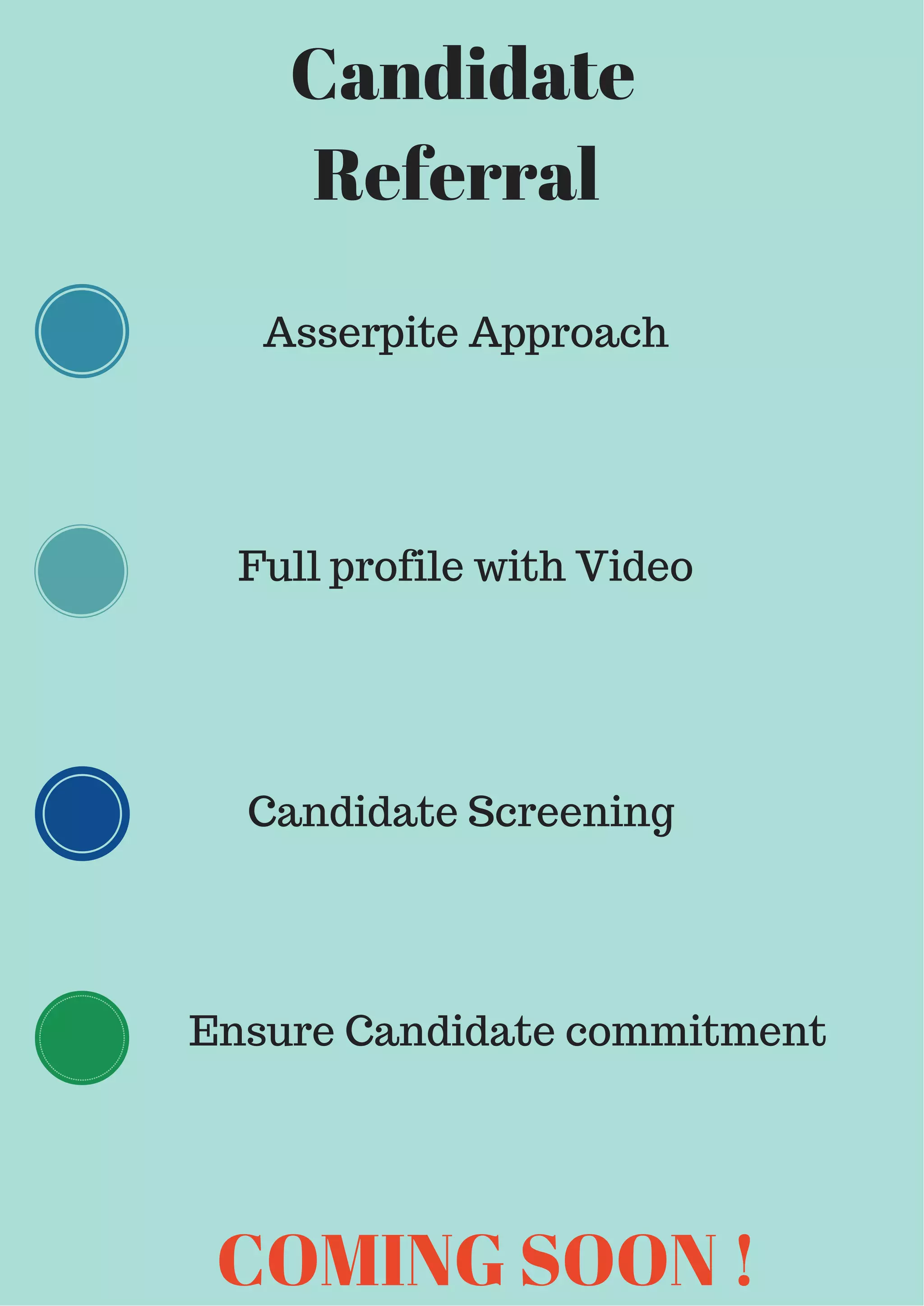 Candidate
Referral
Asserpite Approach
Full profile with Video
Candidate Screening
COMING SOON !
Ensure Candidate commitment
 