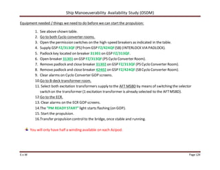 Ship Manoeuverability Availability Study (OSDM)
E.v.W Page 124
Equipment needed / things we need to do before we can start the propulsion:
1. See above shown table.
2. Go to both Cyclo converter rooms.
3. Open the permission switches on the high-speed breakers as indicated in the table.
4. Supply GSP FZ/313QF (PS) fromGSP FZ/424QF(SB) (INTERLOCK VIA PADLOCK).
5. Padlock key located on breaker 31301 on GSP FZ/313QF.
6. Open breaker 31301 on GSP FZ/313QF (PS Cyclo Converter Room).
7. Remove padlock and close breaker 31302 on GSP FZ/313QF (PS Cyclo Converter Room).
8. Remove padlock and close breaker 42402 on GSP FZ/424QF (SBCyclo Converter Room).
9. Clear alarms on Cyclo Converter GOP screens.
10.Go to B-deck transformer room.
11. Select both excitation transformers supply to the AFT MSBD by means of switching the selector
switch on the transformer (1 excitation transformer is already selected to the AFTMSBD).
12.Go to the ECR.
13. Clear alarms on the ECR GOP screens.
14.The “PM READY START” light starts flashing (on GOP).
15. Start the propulsion.
16.Transfer propulsion controlto the bridge, once stable and running.
You will only have half a winding available on each Azipod.
 