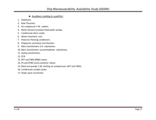 Ship Manoeuverability Availability Study (OSDM)
E.v.W Page 17
Auxiliary cooling is used for:
1. Stabilizers.
2. Bow Thrusters.
3. Air compressor F.W. coolers.
4. Boiler forced circulation feed water pumps.
5. Condensate drain cooler.
6. Water treatment unit.
7. Provision freezing condensers.
8. Propulsion excitation transformers.
9. Main transformers E.R. substations.
10. Main transformers accommodation substations.
11. Galley transformers.
12. ECR
13. AFT and FWD MSBD rooms.
14. PS and STBD Cyclo converter rooms.
15. Black-out pumps C.W. starting aircompressors (AFT and FWD).
16. Condensate sample cooler.
17. Power pack incinerator.
 