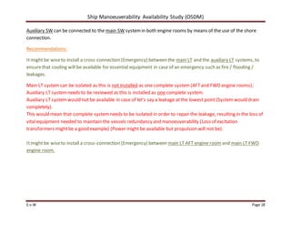 Ship Manoeuverability Availability Study (OSDM)
E.v.W Page 18
Auxiliary SW can be connected to the main SW systemin both engine rooms by means of the use of the shore
connection.
Recommendations:
Itmight be wiseto install a cross-connection (Emergency) between the main LT and the auxiliary LT systems, to
ensurethat cooling will be available for essential equipment in case of an emergency such as fire / flooding /
leakages.
Main LT systemcan be isolated as this is not installed as one complete system(AFTand FWD engine rooms);
Auxiliary LT systemneeds to be reviewed as this is installed as one complete system.
Auxiliary LT systemwould not be available in case of let’s say a leakage at the lowest point(Systemwould drain
completely).
This would mean that complete systemneeds to be isolated in order to repair the leakage, resulting in the loss of
vital equipment needed to maintain the vessels redundancy and manoeuverability (Loss of excitation
transformers mightbe a good example) (Power might be available but propulsion will not be).
Itmight be wiseto install a cross-connection (Emergency) between main LT AFT engine room and main LT FWD
engine room.
 