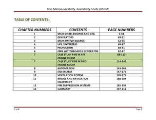 Ship Manoeuverability Availability Study (OSDM)
E.v.W Page 3
TABLE OF CONTENTS:
CHAPTER NUMBERS CONTENTS PAGE NUMBERS
1 MAIN DIESEL ENGINES AND GTG 5-48
2 GENERATORS 49-51
3 MAIN SWITCH BOARDS 52-65
4 UPS / INVERTERS 66-67
5 PROPULSION 68-81
6 EMG SWITCHBOARD /GENERATOR 82-87
7 CASESTUDY FIRE IN AFT
ENGINEROOM
88-113
7 CASESTUDY FIRE IN FWD
ENGINEROOM
114-142
8 AUTOMATION 143-166
9 ESD SYSTEM 167-175
10 VENTILATION SYSTEM 176-179
11 BRIDGEAND NAVIGATION
EQUIPMENT
180-184
12 FIRESUPPRESSION SYSTEMS 185-196
13 SUMMARY 197-211
 