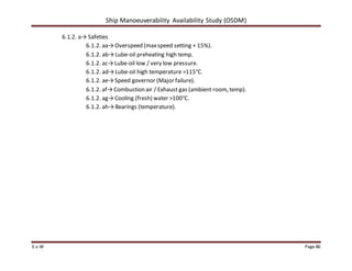 Ship Manoeuverability Availability Study (OSDM)
E.v.W Page 86
6.1.2. a→ Safeties
6.1.2. aa→Overspeed (maxspeed setting + 15%).
6.1.2. ab→Lube-oil preheating high temp.
6.1.2. ac→Lube-oil low / very low pressure.
6.1.2. ad→Lube-oil high temperature >115°C.
6.1.2. ae→Speed governor (Major failure).
6.1.2. af→Combustion air / Exhaust gas (ambient room, temp).
6.1.2. ag→Cooling (fresh) water >100°C.
6.1.2. ah→Bearings (temperature).
 