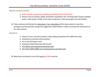 Ship Manoeuverability Availability Study (OSDM)
E.v.W Page 89
Goals for scenarios A and B:
1. Restore power / propulsion and Manoeuverability of the Vessel (Vital).
2. Restore vacuumsystems /galley and kitchen equipment / AC / drinking water (evaps) /potable
water / cabin power / Chiller and Freezer compressor /other passenger and crew facilities.
These scenarios will indicate the redundancy / non-redundancy of the ships systems in caseof an
emergency and the possiblechanges that need to be implemented in order to maintain the redundancy of
the ships systems.
Scenario A:
1. Vessel is at sea, enroute to Hawaii, 2 dayssailing (away) from the Californian coast.
2. Complete loss of power and propulsion.
3. Fire in the AFTengine room.
4. Emergency DieselGenerator did notstart.
5. AFT engine room equipmentcannotbe used.
6. AFT 11KV / 690V SWBD usersand equipmentcannotbe used.
Below facts are based on one of the worstpossiblescenarios.
 