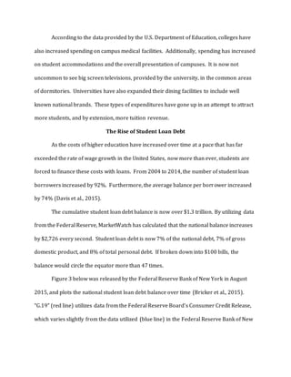 According to the data provided by the U.S. Department of Education, colleges have
also increased spending on campus medical facilities. Additionally, spending has increased
on student accommodations and the overall presentation of campuses. It is now not
uncommon to see big screen televisions, provided by the university, in the common areas
of dormitories. Universities have also expanded their dining facilities to include well
known national brands. These types of expenditures have gone up in an attempt to attract
more students, and by extension, more tuition revenue.
The Rise of Student Loan Debt
As the costs of higher education have increased over time at a pace that has far
exceeded the rate of wage growth in the United States, now more than ever, students are
forced to finance these costs with loans. From 2004 to 2014, the number of student loan
borrowers increased by 92%. Furthermore, the average balance per borrower increased
by 74% (Davis et al., 2015).
The cumulative student loan debt balance is now over $1.3 trillion. By utilizing data
from the Federal Reserve, MarketWatch has calculated that the national balance increases
by $2,726 every second. Student loan debt is now 7% of the national debt, 7% of gross
domestic product, and 8% of total personal debt. If broken down into $100 bills, the
balance would circle the equator more than 47 times.
Figure 3 below was released by the Federal Reserve Bank of New York in August
2015, and plots the national student loan debt balance over time (Bricker et al., 2015).
“G.19” (red line) utilizes data from the Federal Reserve Board’s Consumer Credit Release,
which varies slightly from the data utilized (blue line) in the Federal Reserve Bank of New
 